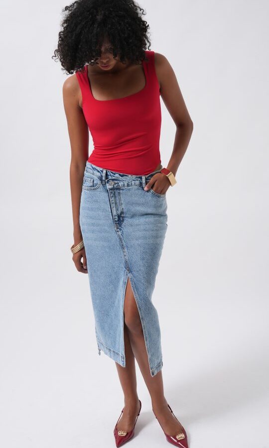 Yırtmaç Detay Denim Midi Etek