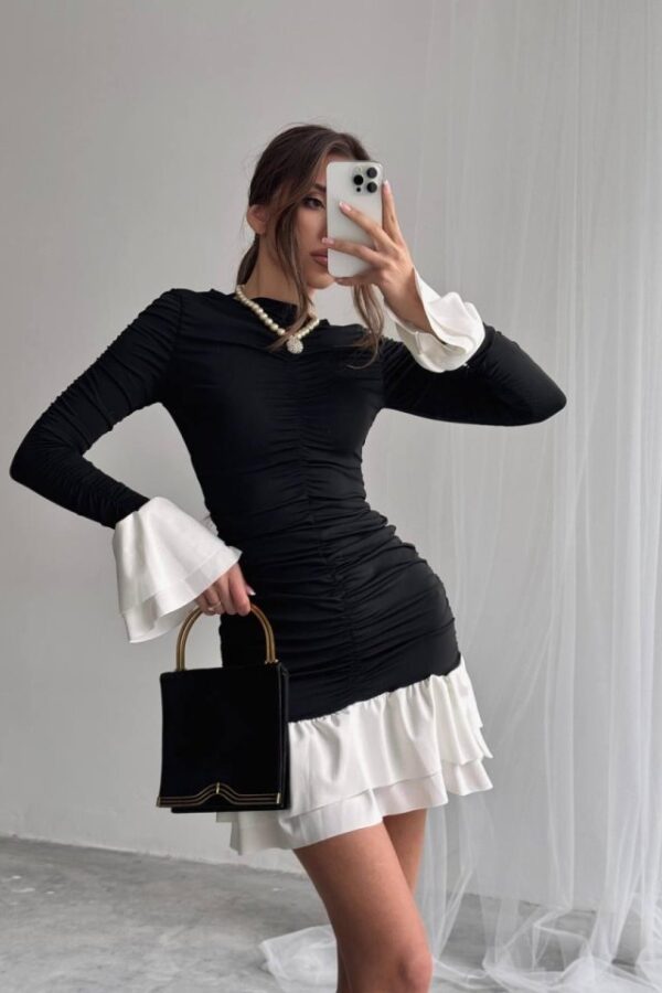 Fırfır Detaylı Drapeli Mini Elbise