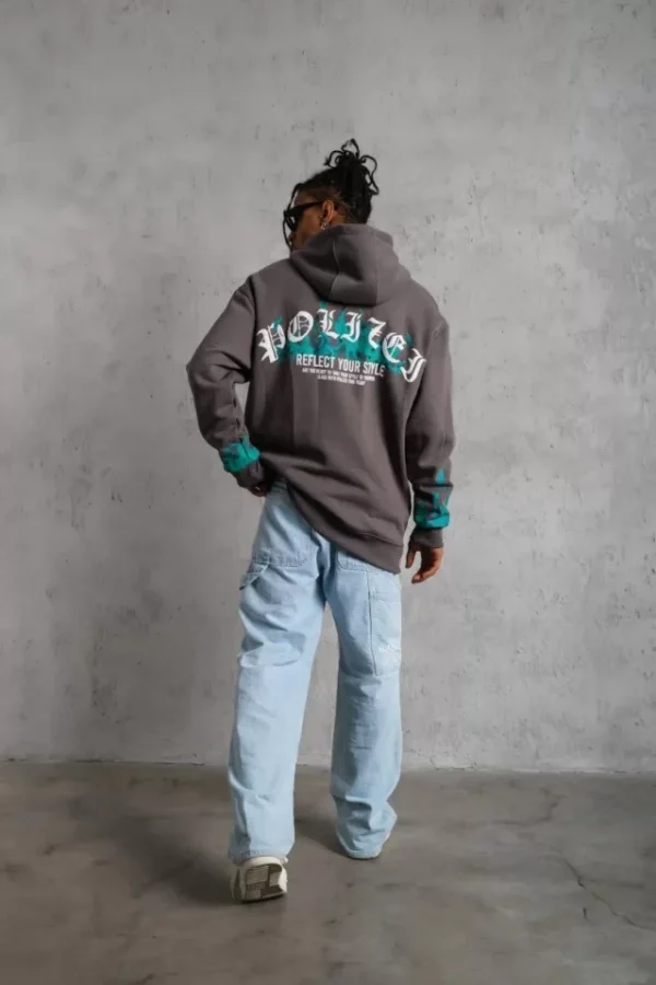 Erkek Üç İplik İçi Pamuklu Alev Baskılı Kapüşonlu Sweatshirt - Gri