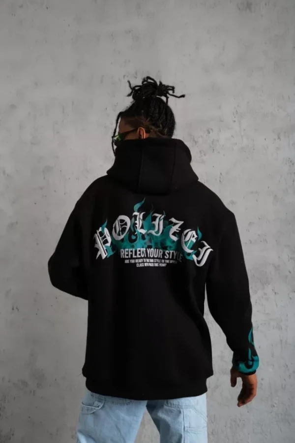 Erkek Üç İplik İçi Pamuklu Alev Baskılı Kapüşonlu Sweatshirt - Siyah