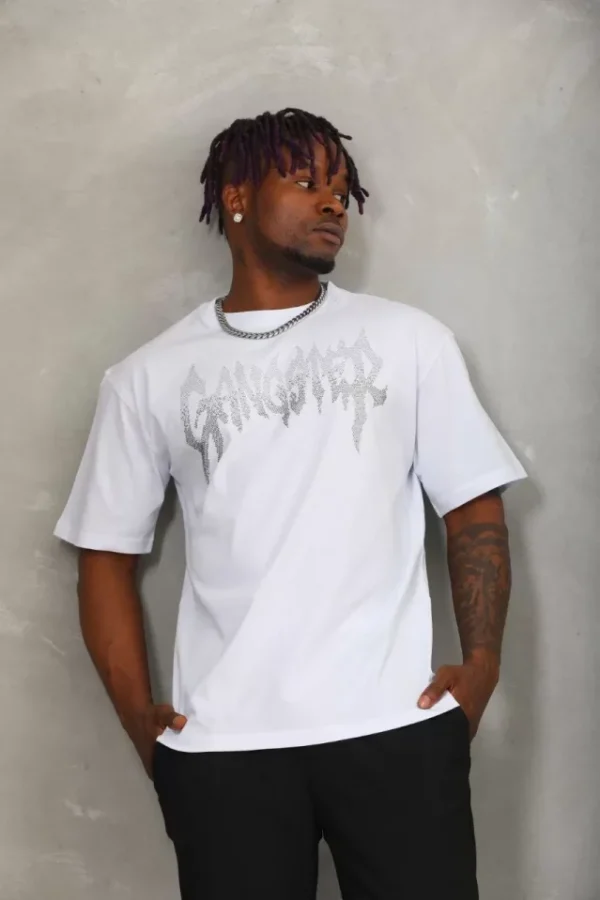 Unisex Oversize Taşlı Bisiklet Yaka T-Shirt - Beyaz