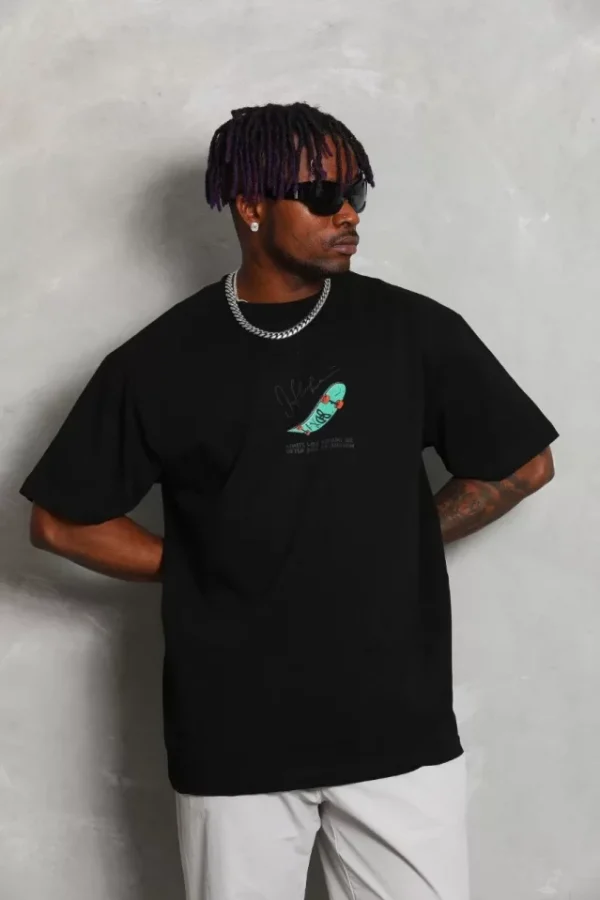 Unisex Oversize Baskılı Bisiklet Yaka T-Shirt - Siyah