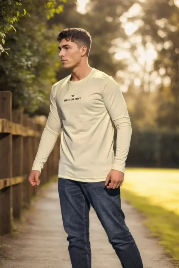 Unisex Bisiklet Yaka Uzun Kollu T-Shirt - Beyaz