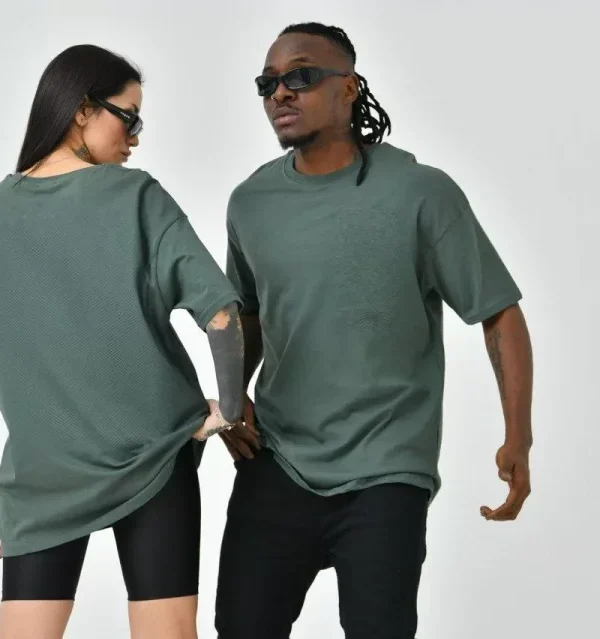 Unisex Basic Bisiklet Yaka Oversize T-Shirt - Haki