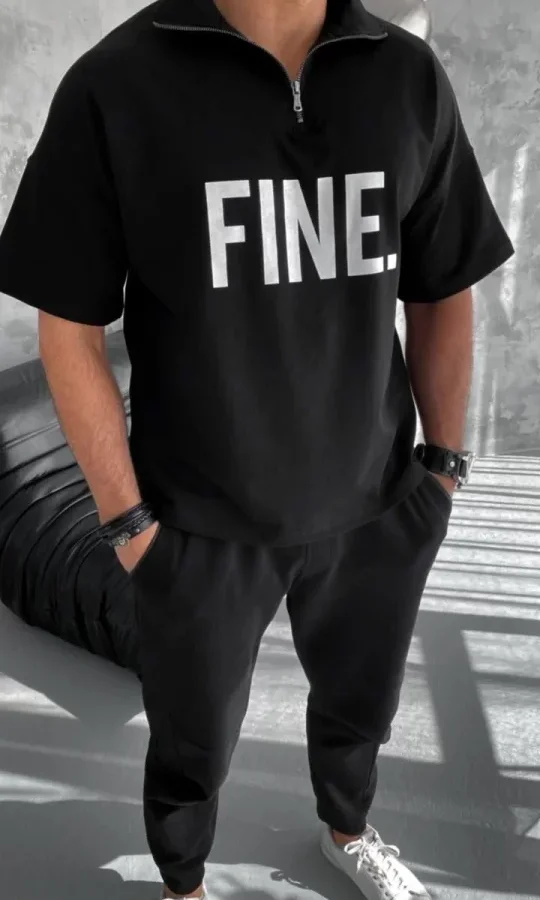 Unisex Baskılı Yarım Fermuarlı T-Shirt - Siyah