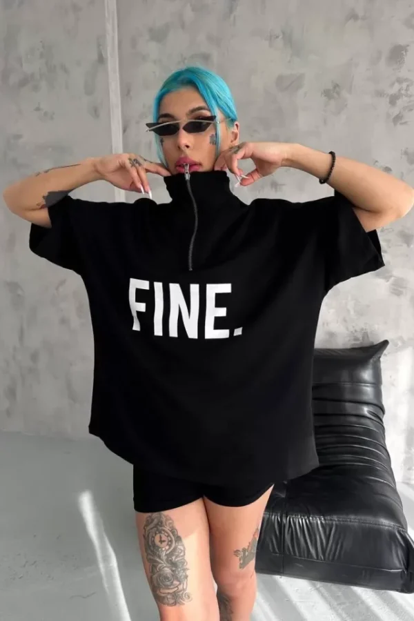 Unisex Baskılı Yarım Fermuarlı T-Shirt - Siyah