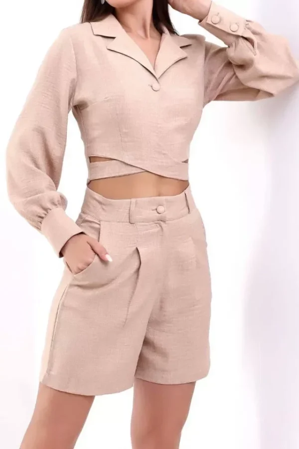 Cepli Şort Ve Crop Takım - Bej