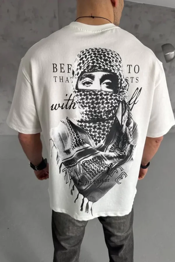 Unisex Baskılı Oversize T-Shirt - Beyaz