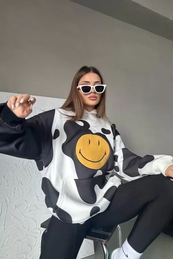 Smiley Face Kapüşonlu Sweatshirt - Siyah