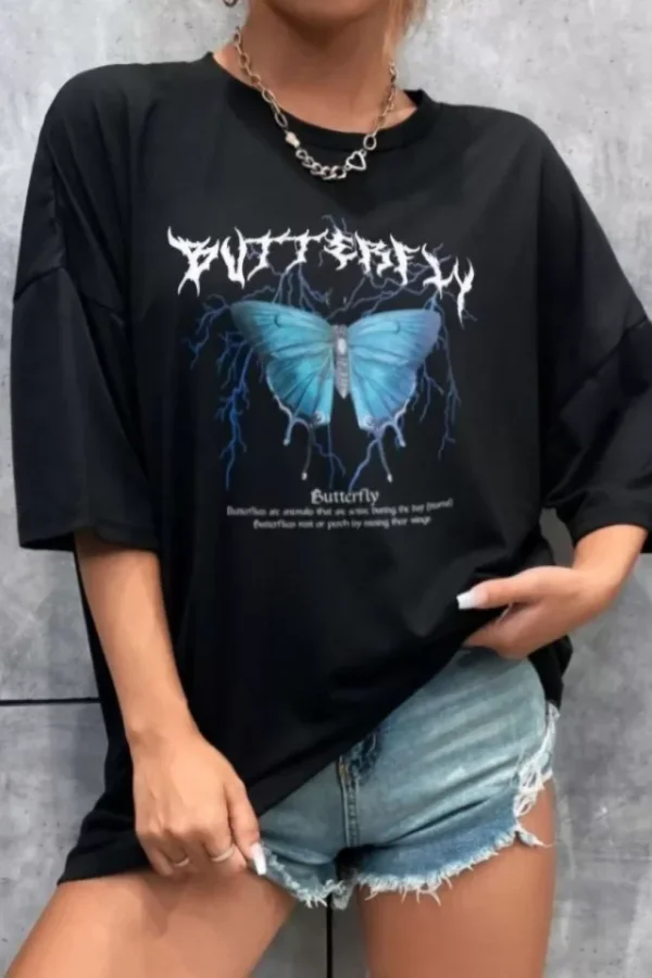 Unisex Baskılı Oversize T-Shirt - Siyah