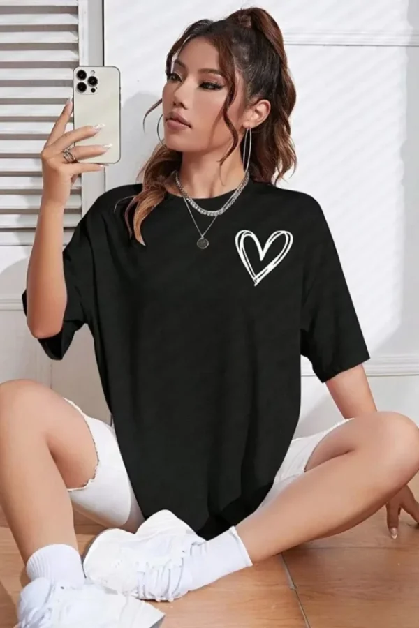 Bisiklet Yaka Baskılı Oversize T-Shirt - Siyah