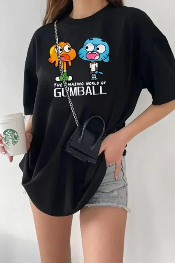 Bisiklet Yaka Baskılı Oversize T-Shirt - Siyah