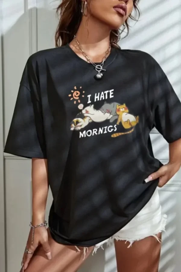 Bisiklet Yaka Baskılı Oversize T-Shirt - Siyah