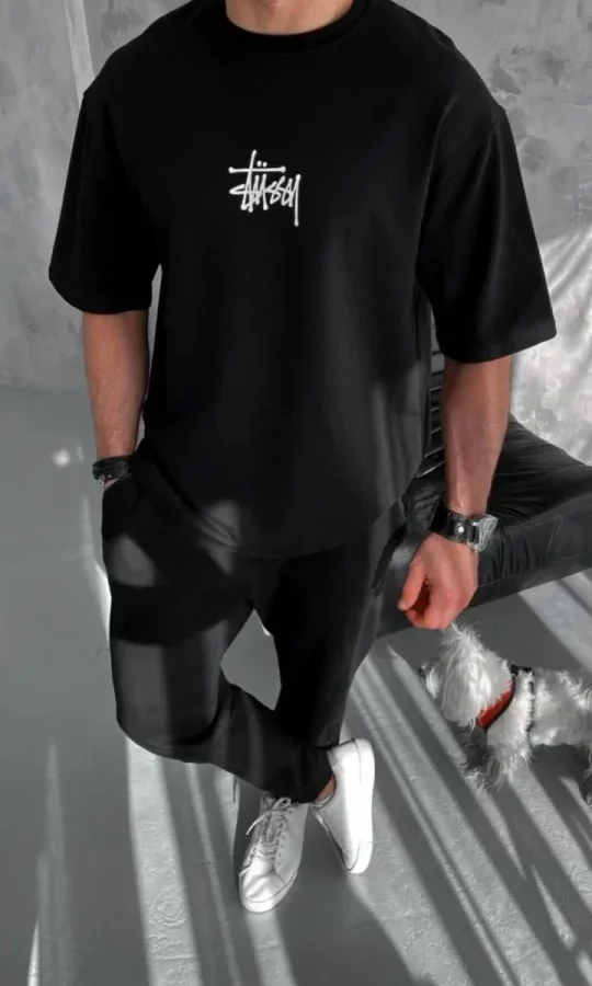 Unisex Bisiklet Yaka Baskılı Oversize T-Shirt - Siyah