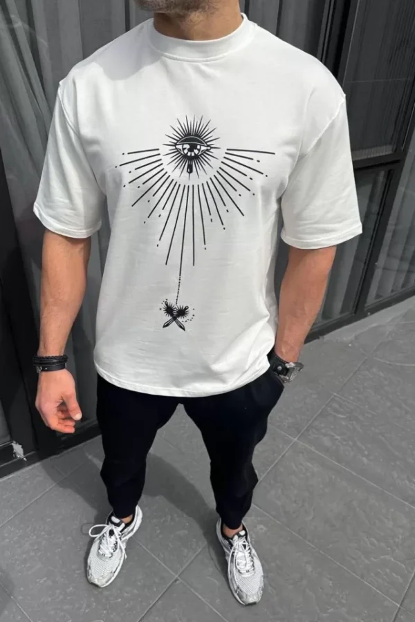 Unisex Bisiklet Yaka Baskılı Oversize T-Shirt - Beyaz