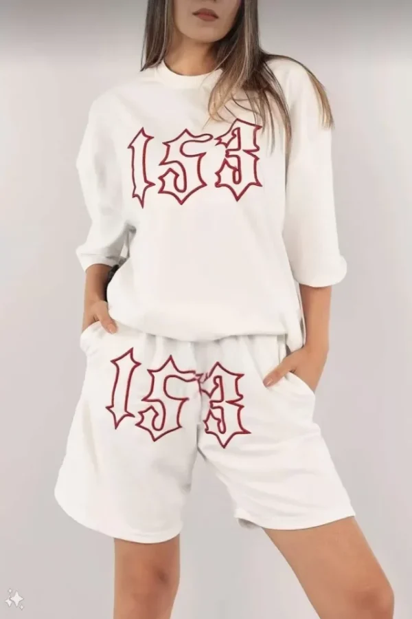 Unisex Nakış İşlemeli Şort Takım - Beyaz