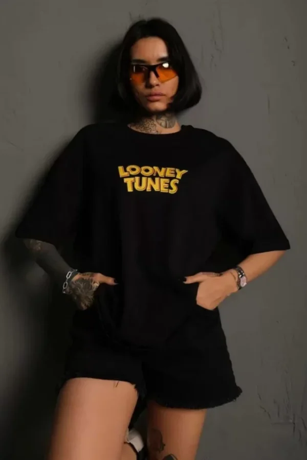 Unisex Bisiklet Yaka Baskılı Oversize T-Shirt - Siyah