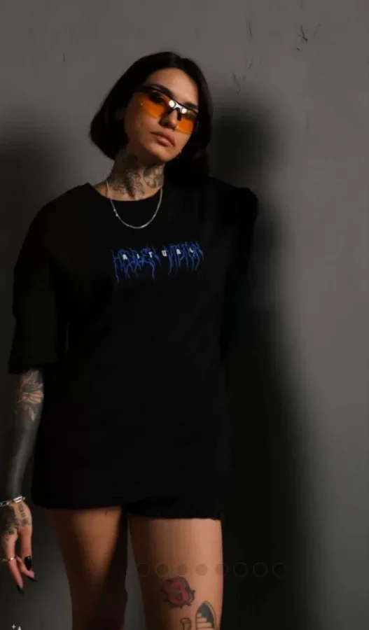 Unisex Bisiklet Yaka Baskılı Oversize T-Shirt - Siyah