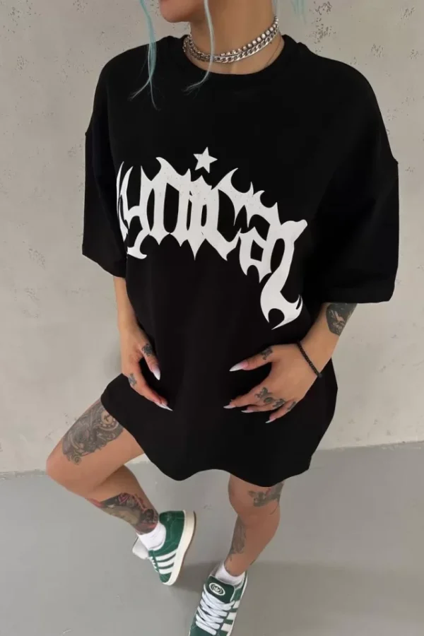 Unisex Bisiklet Yaka Baskılı Oversize T-Shirt - Siyah