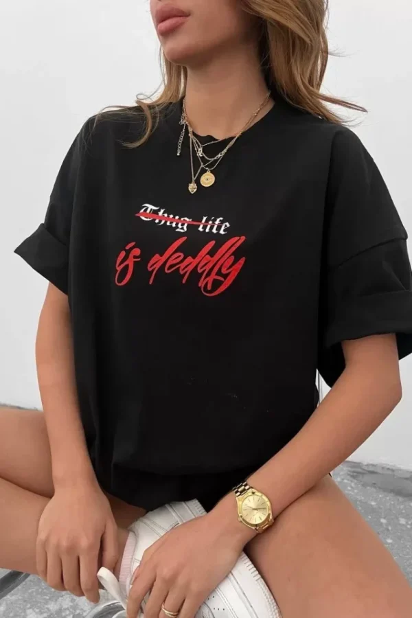 Unisex Bisiklet Yaka Baskılı Oversize T-Shirt - Siyah