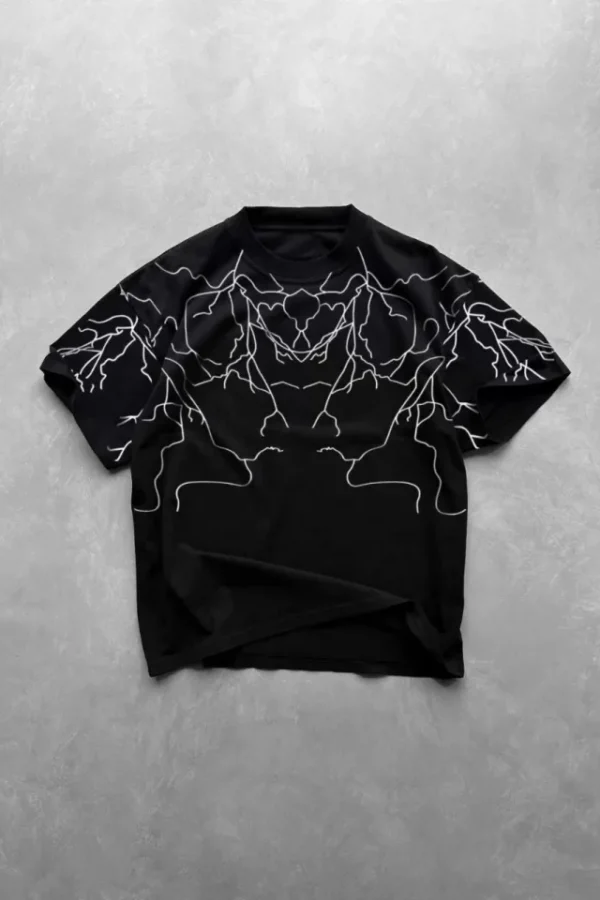 Unisex Bisiklet Yaka Baskılı Oversize T-Shirt - Siyah