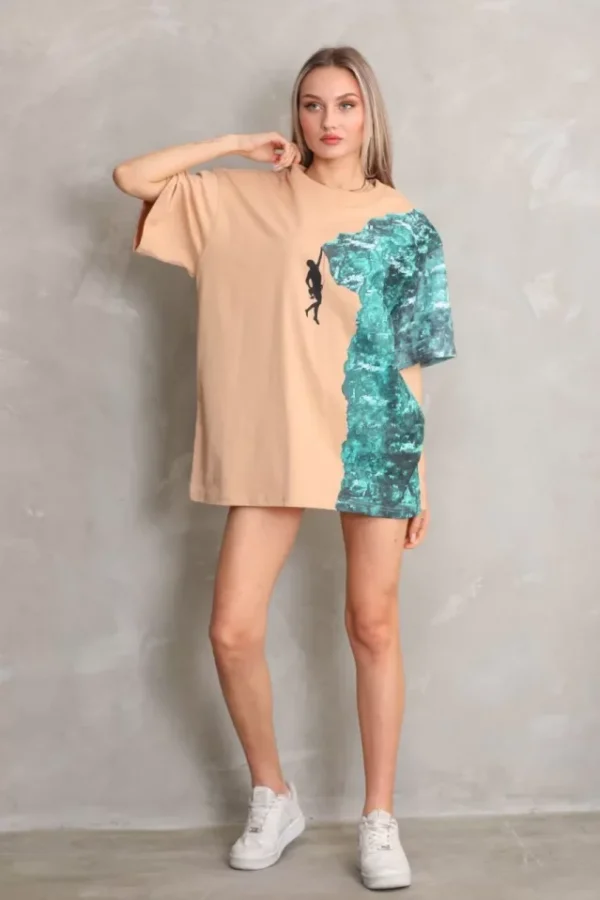 Unisex Bisiklet Yaka Baskılı Oversize T-Shirt - Bej