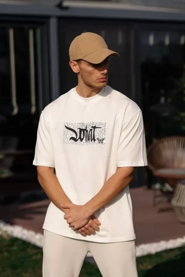 Unisex Bisiklet Yaka Baskılı Oversize T-Shirt - Beyaz