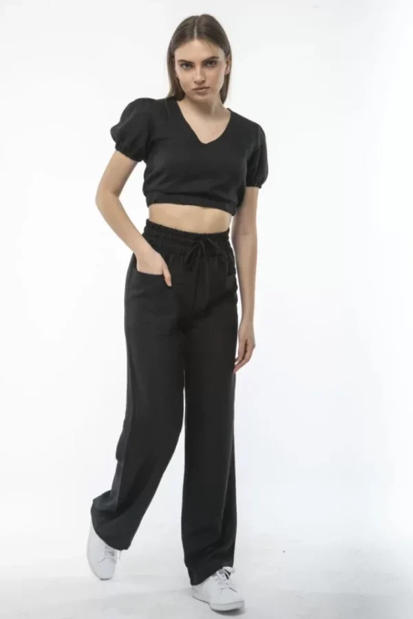 Kadin Keten Pantalon Ve Crop Takım - Siyah