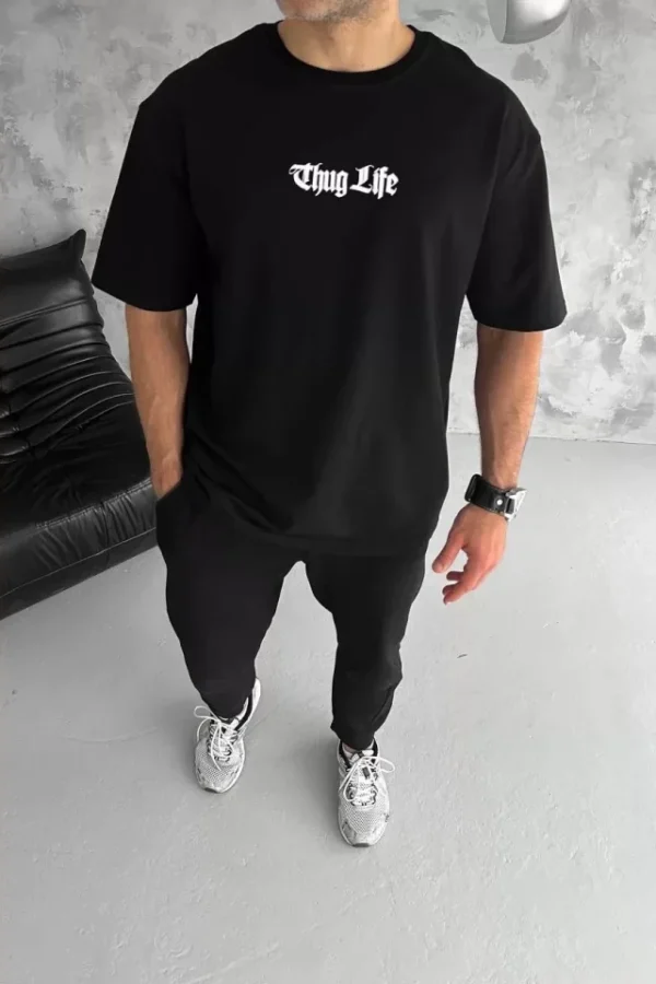 Unisex Bisiklet Yaka Baskılı Oversize T-Shirt - Siyah