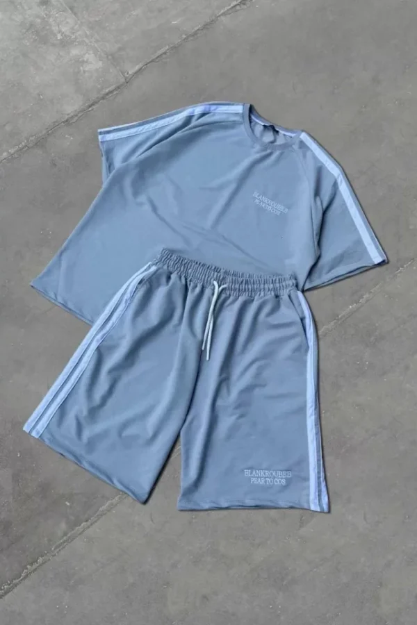 Unisex Şeritli Baskılı Şortlu Takım - Boyalı Gri