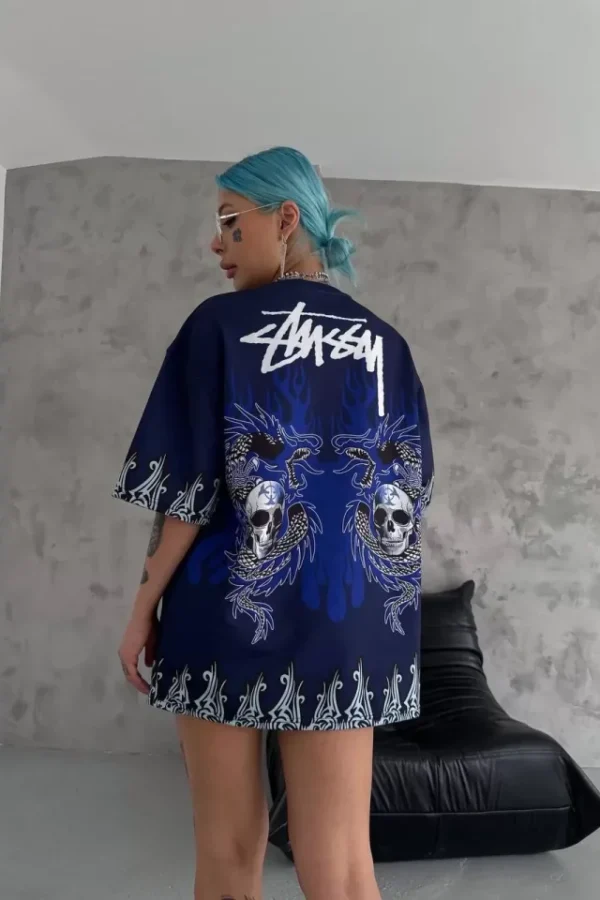 Unisex Bisiklet Yaka Baskılı Oversize T-Shirt - Lacivert