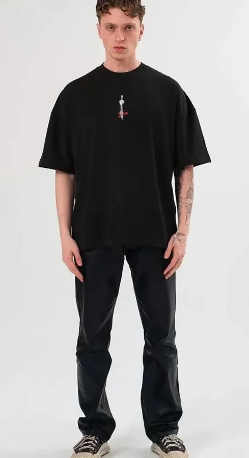 Unisex Bisiklet Yaka Baskılı Oversize T-Shirt - Siyah