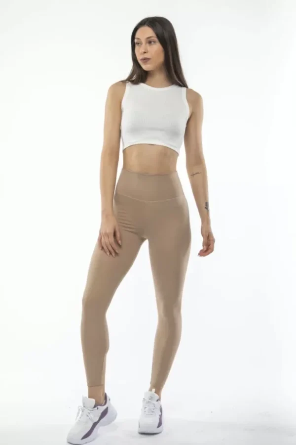 Yüksek Bel Sporcu Düz Tayt - Bej