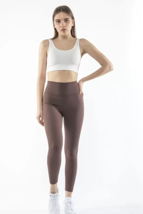 Yüksek Bel Sporcu Düz Tayt - Kahverengi