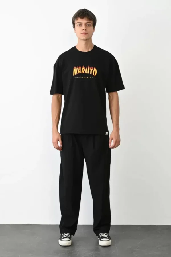 Unisex Bisiklet Yaka Baskılı Oversize T-Shirt - Siyah