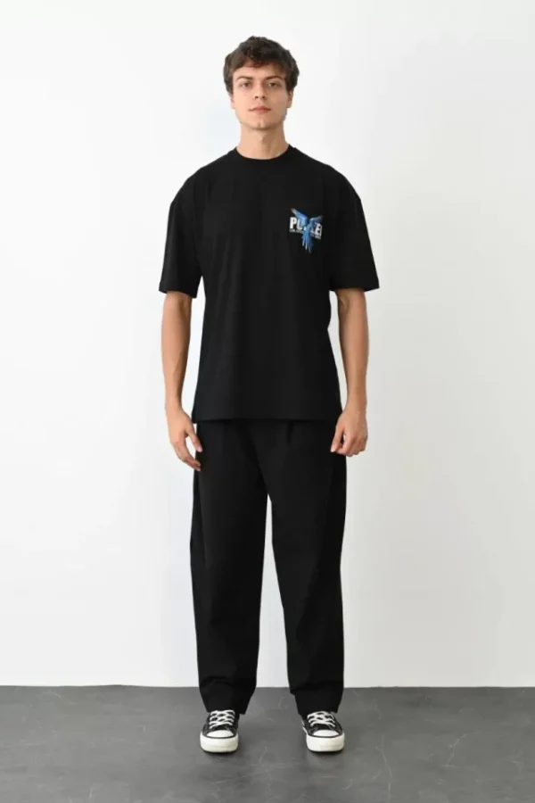 Unisex Bisiklet Yaka Baskılı Oversize T-Shirt - Siyah