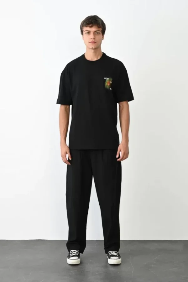 Unisex Bisiklet Yaka Baskılı Oversize T-Shirt - Siyah