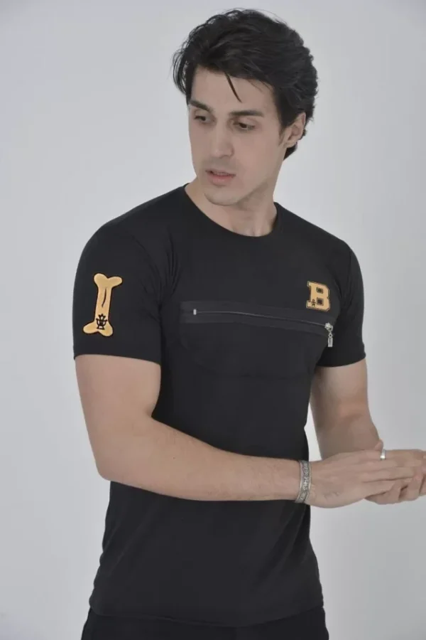 Unisex Göğüs Fermuarlı Baskılı T-Shirt - Siyah