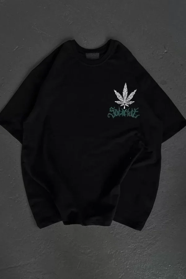 Unisex Bisiklet Yaka Baskılı Oversize T-Shirt - Siyah