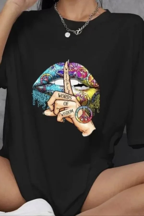 Unisex Bisiklet Yaka Baskılı Oversize T-Shirt - Siyah