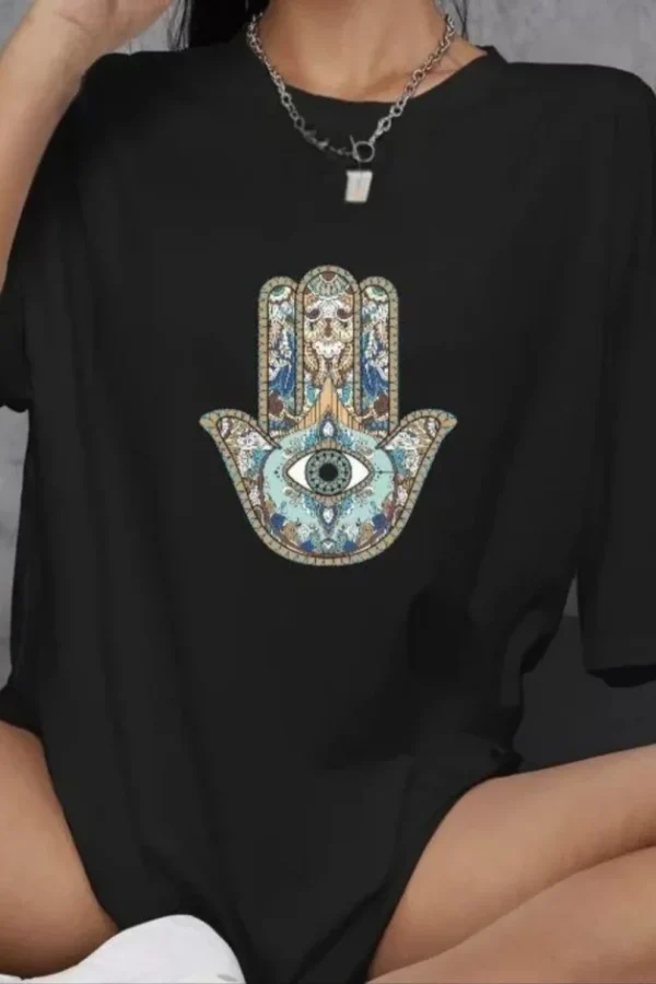 Unisex Bisiklet Yaka Baskılı Oversize T-Shirt - Siyah