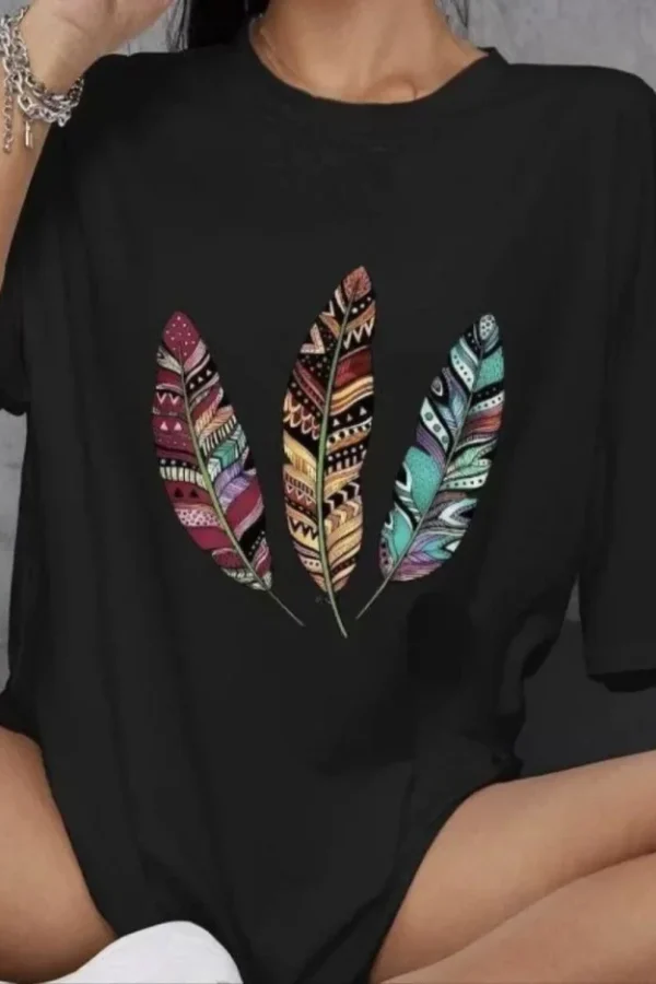 Unisex Bisiklet Yaka Baskılı Oversize T-Shirt - Siyah