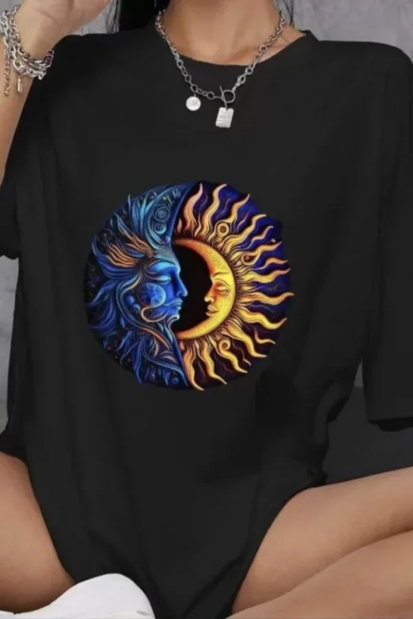 Unisex Bisiklet Yaka Baskılı Oversize T-Shirt - Siyah