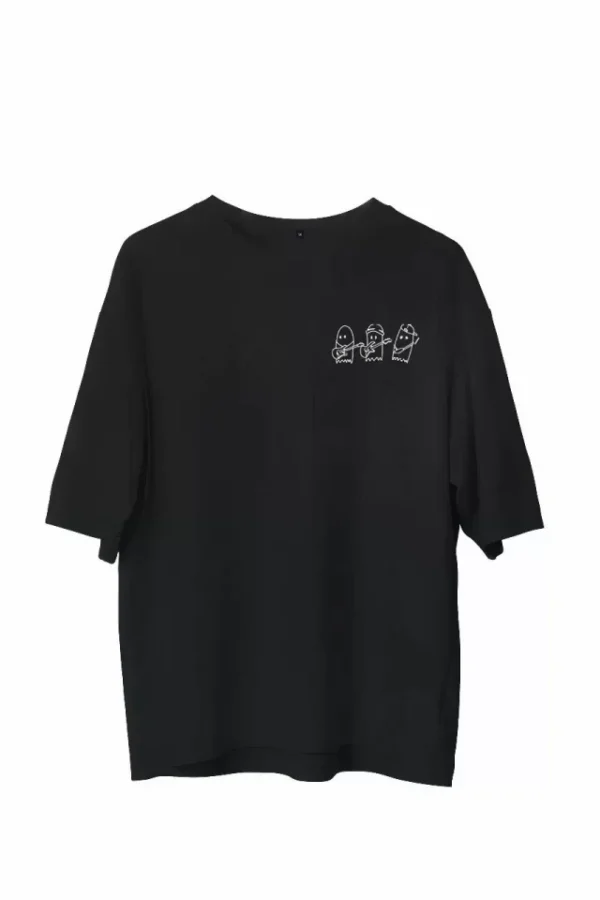 Unisex Bisiklet Yaka Baskılı Oversize T-Shirt - Siyah