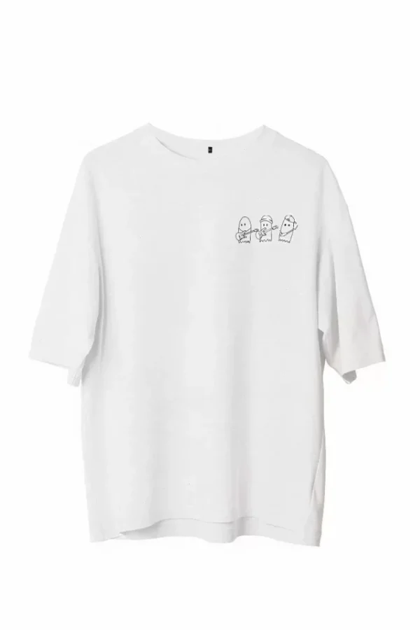 Unisex Bisiklet Yaka Baskılı Oversize T-Shirt - Beyaz