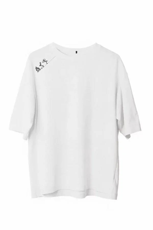 Unisex Bisiklet Yaka Baskılı Oversize T-Shirt - Beyaz