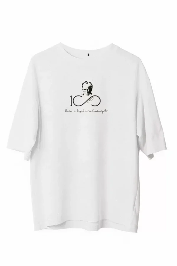 Unisex Bisiklet Yaka Baskılı Oversize T-Shirt - Beyaz