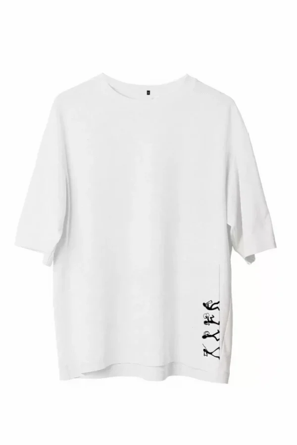 Unisex Bisiklet Yaka Baskılı Oversize T-Shirt - Beyaz