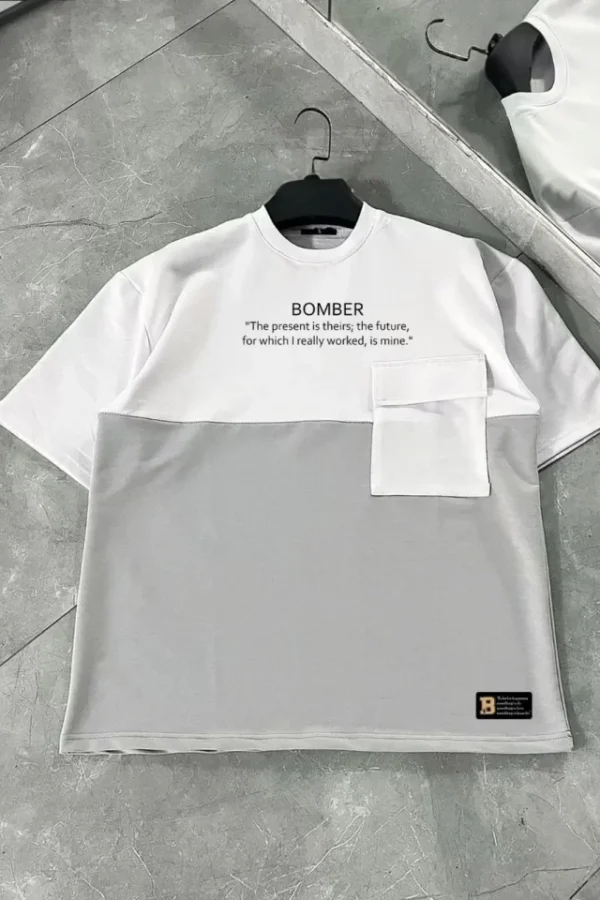 Unisex Torba Cep Detaylı  Parçalı T-Shirt - Gri