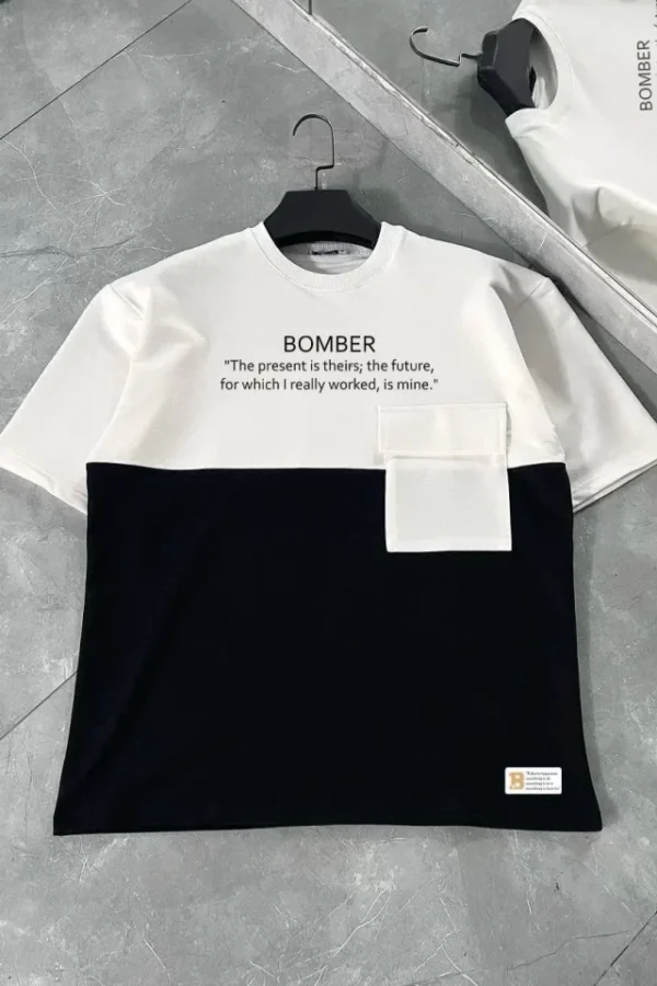 Unisex Torba Cep Detaylı  Parçalı T-Shirt - Siyah